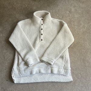 Thick, fluffy white Sherpa sweater with buttons